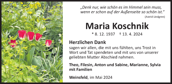 Traueranzeige von Maria Koschnik von WochenSpiegel