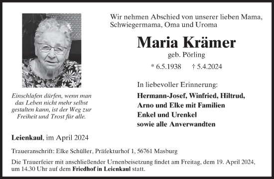 Traueranzeige von Maria Krämer von WochenSpiegel