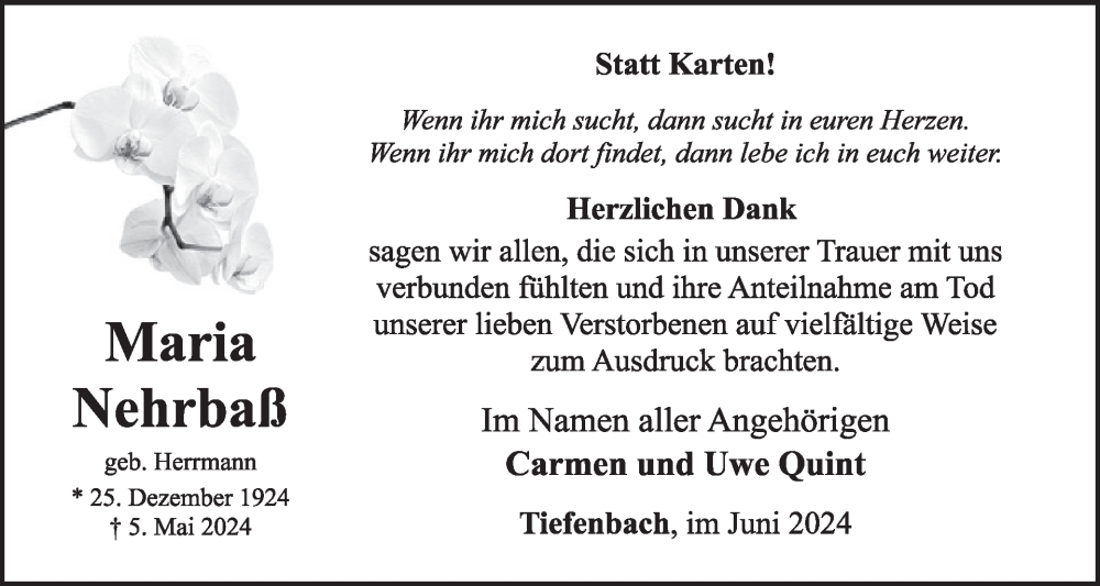  Traueranzeige für Maria Nehrbaß vom 29.06.2024 aus WochenSpiegel