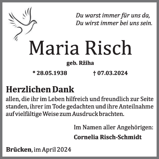 Traueranzeige von Maria Risch von WochenSpiegel