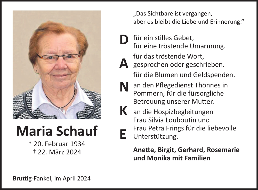  Traueranzeige für Maria Schauf vom 17.04.2024 aus WochenSpiegel