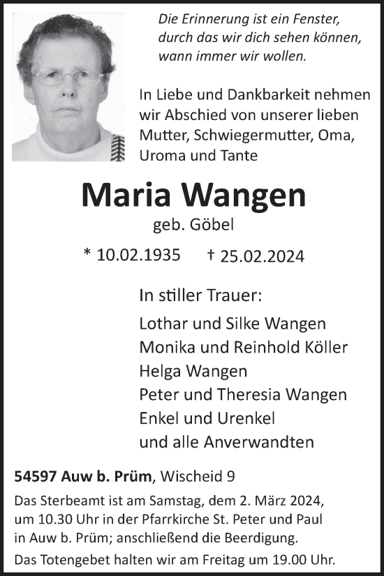 Traueranzeige von Maria Wangen von WochenSpiegel