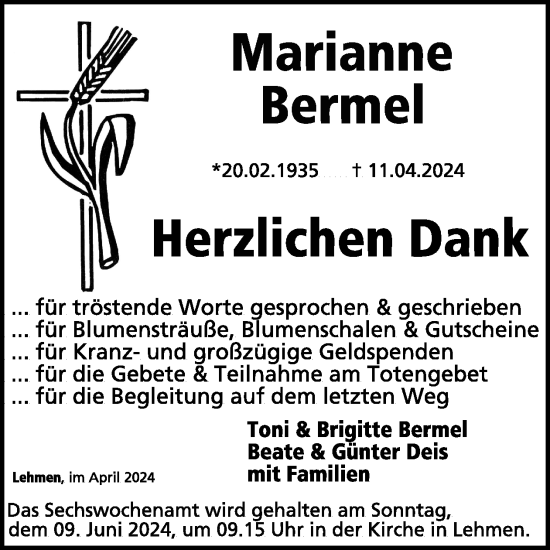 Traueranzeige von Marianne Bermel von WochenSpiegel