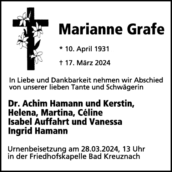 Traueranzeige von Marianne Grafe von WochenSpiegel
