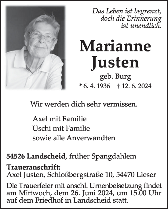 Traueranzeige von Marianne Justen von WochenSpiegel