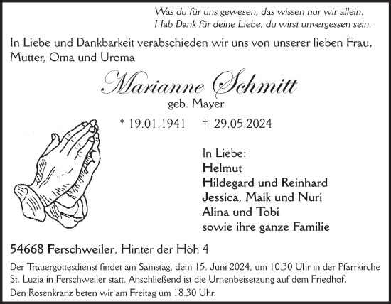 Traueranzeige von Marianne Schmitt von WochenSpiegel