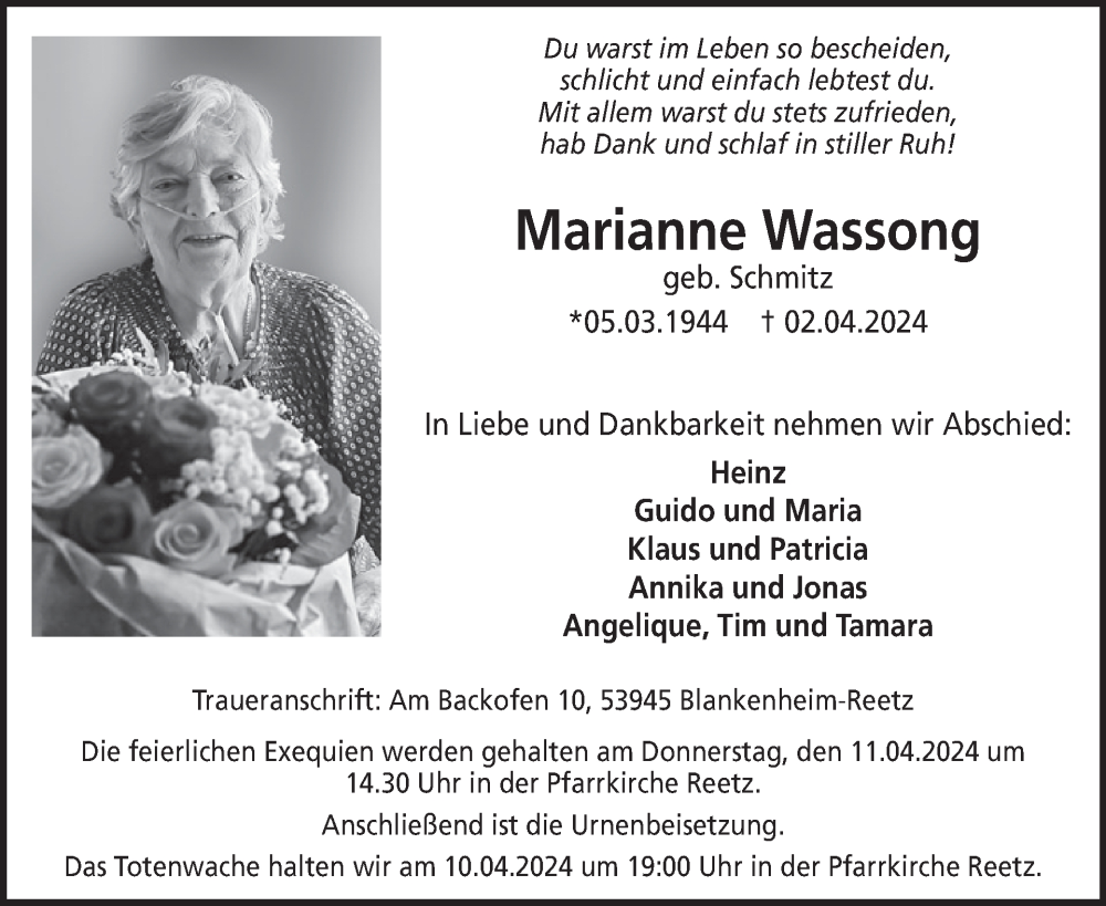  Traueranzeige für Marianne Wassong vom 10.04.2024 aus WochenSpiegel