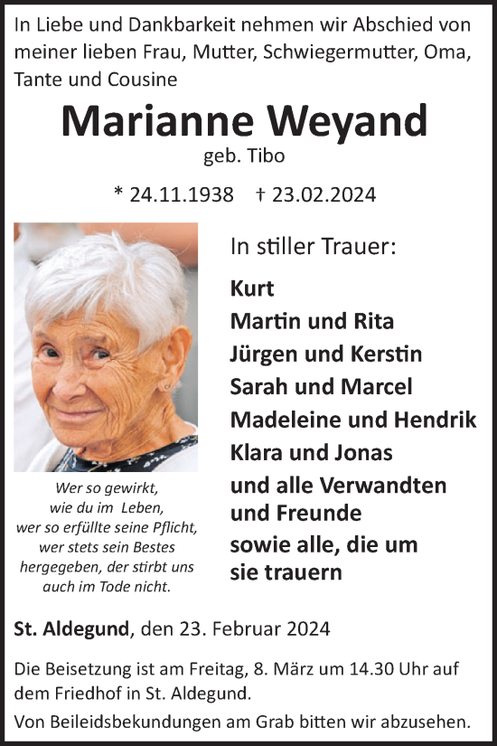 Traueranzeige von Marianne Weyand von WochenSpiegel