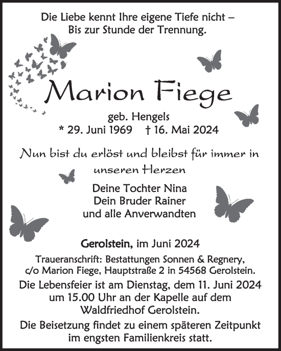 Traueranzeige von Marion Fiege von WochenSpiegel