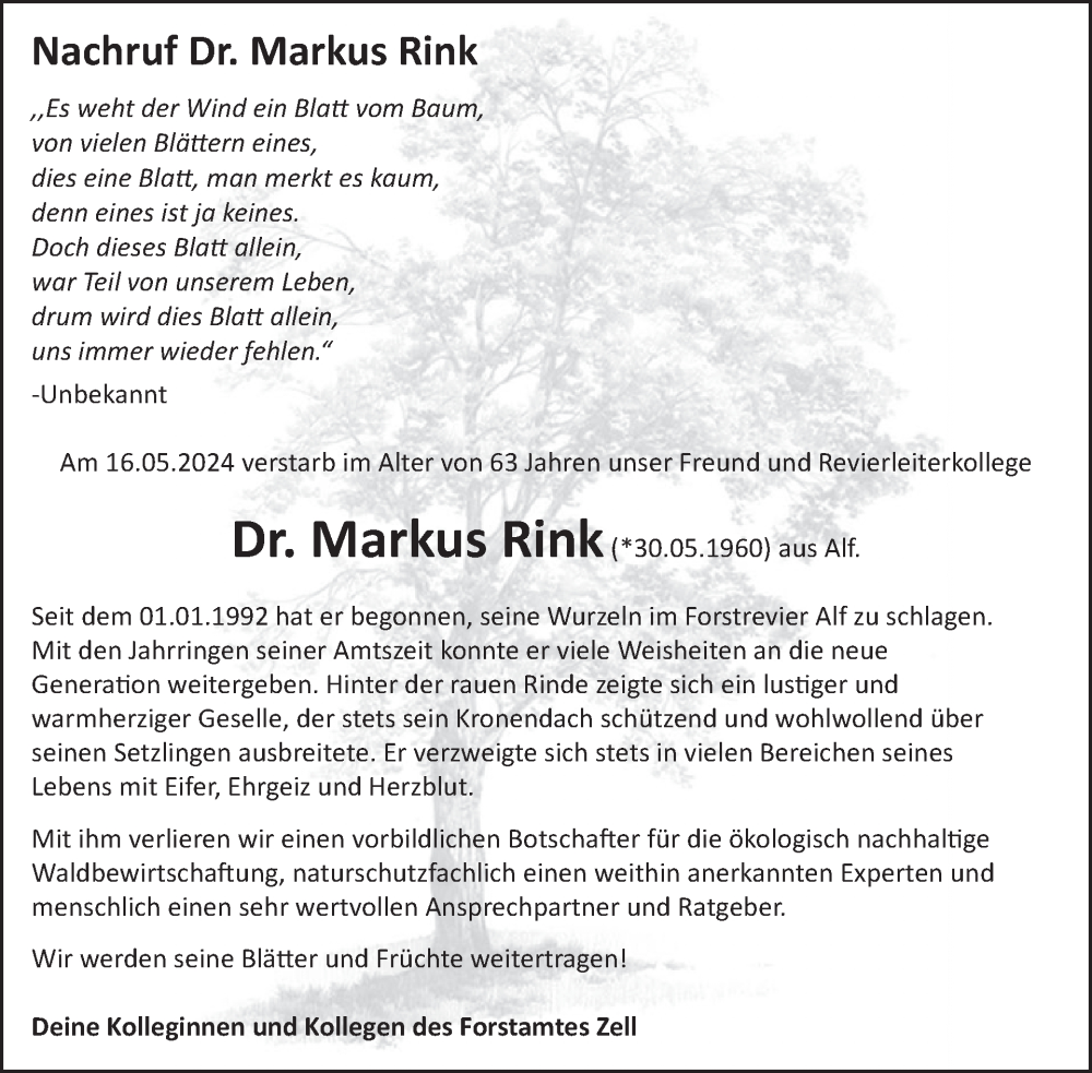  Traueranzeige für Markus Rink vom 05.06.2024 aus WochenSpiegel