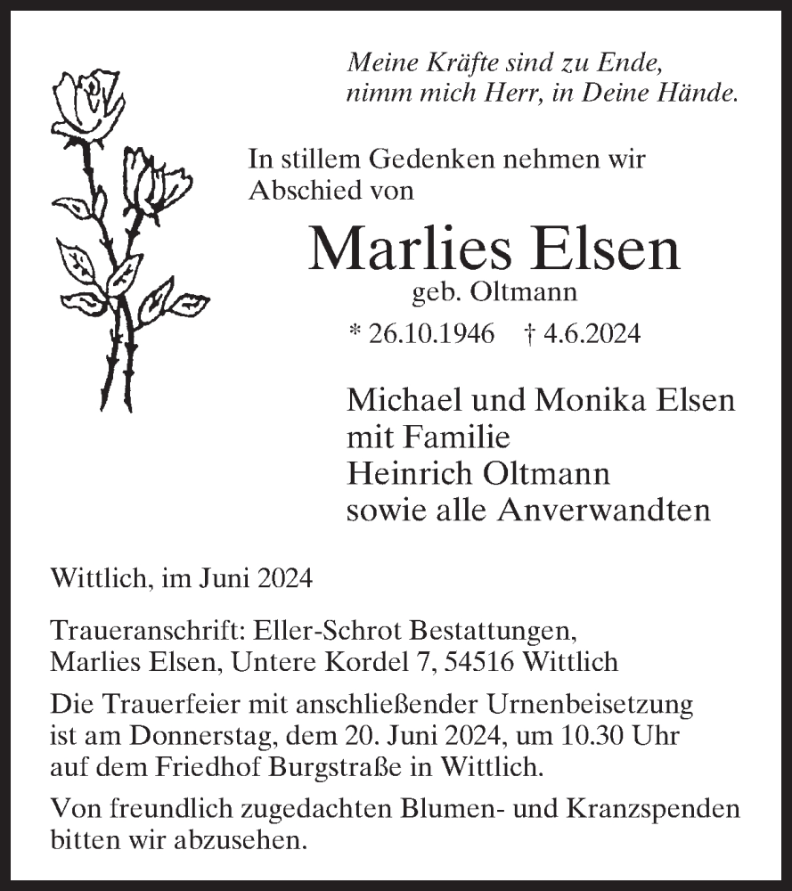  Traueranzeige für Marlies Elsen vom 14.06.2024 aus WochenSpiegel