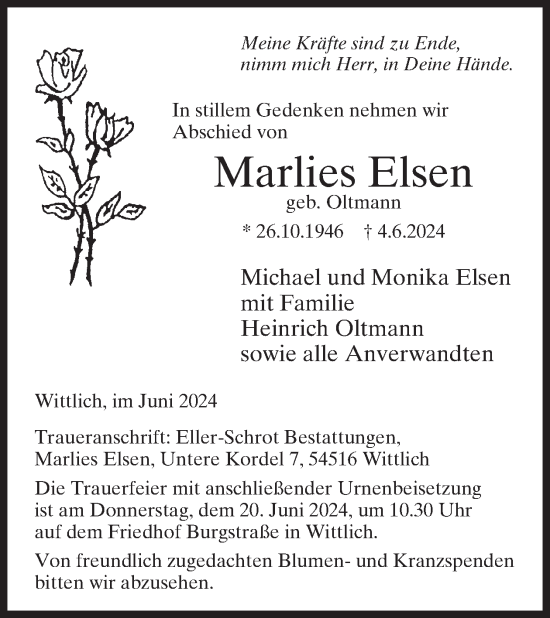Traueranzeige von Marlies Elsen von WochenSpiegel