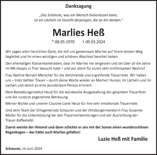 Traueranzeige von Marlies Heß von WochenSpiegel