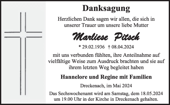 Traueranzeige von Marliese Pitsch von WochenSpiegel