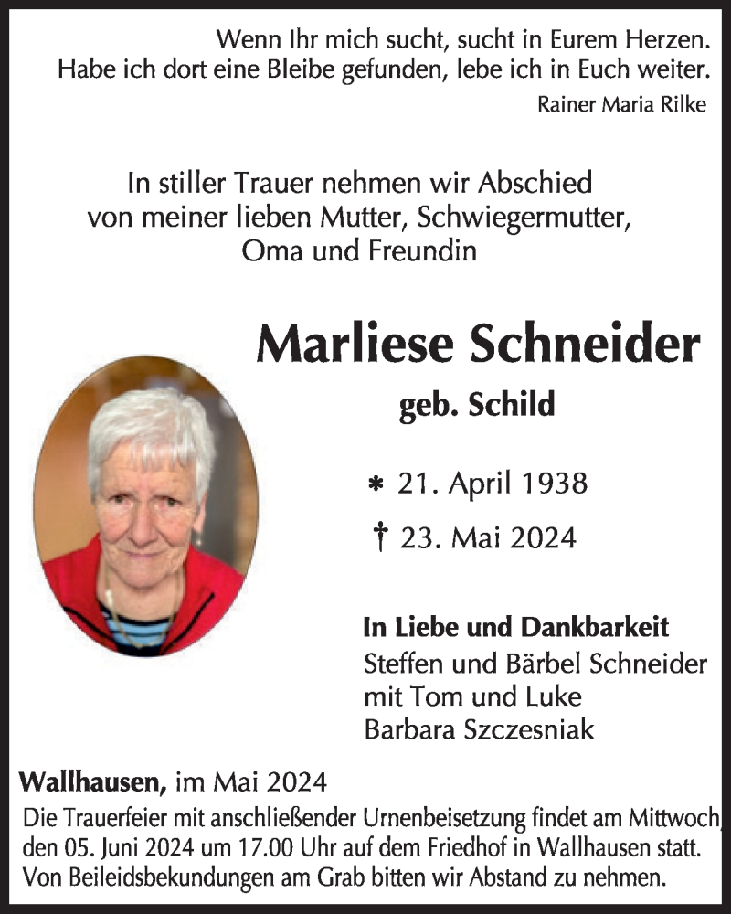  Traueranzeige für Marliese Schneider vom 01.06.2024 aus WochenSpiegel