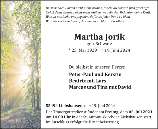 Traueranzeige von Martha Jorik von WochenSpiegel