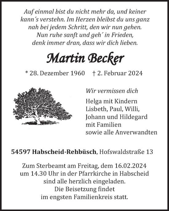 Traueranzeige von Martin Becker von WochenSpiegel