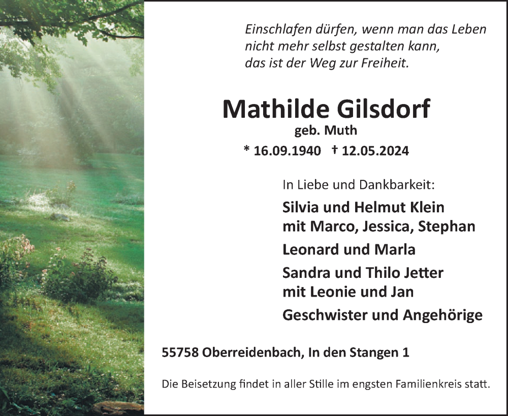  Traueranzeige für Mathilde Gilsdorf vom 25.05.2024 aus WochenSpiegel
