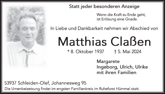 Traueranzeige von Matthias Claßen von WochenSpiegel