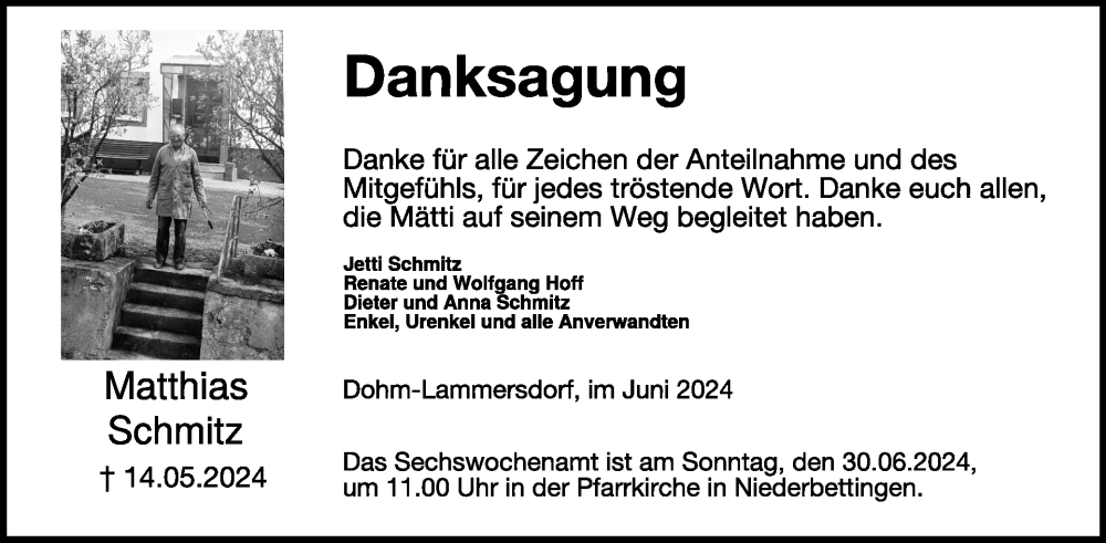  Traueranzeige für Matthias Schmitz vom 22.06.2024 aus WochenSpiegel