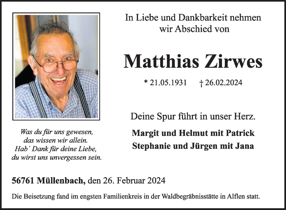  Traueranzeige für Matthias Zirwes vom 13.03.2024 aus WochenSpiegel