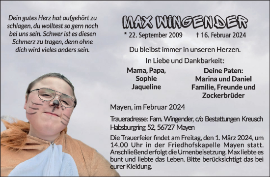 Traueranzeige von Max Wingender von WochenSpiegel