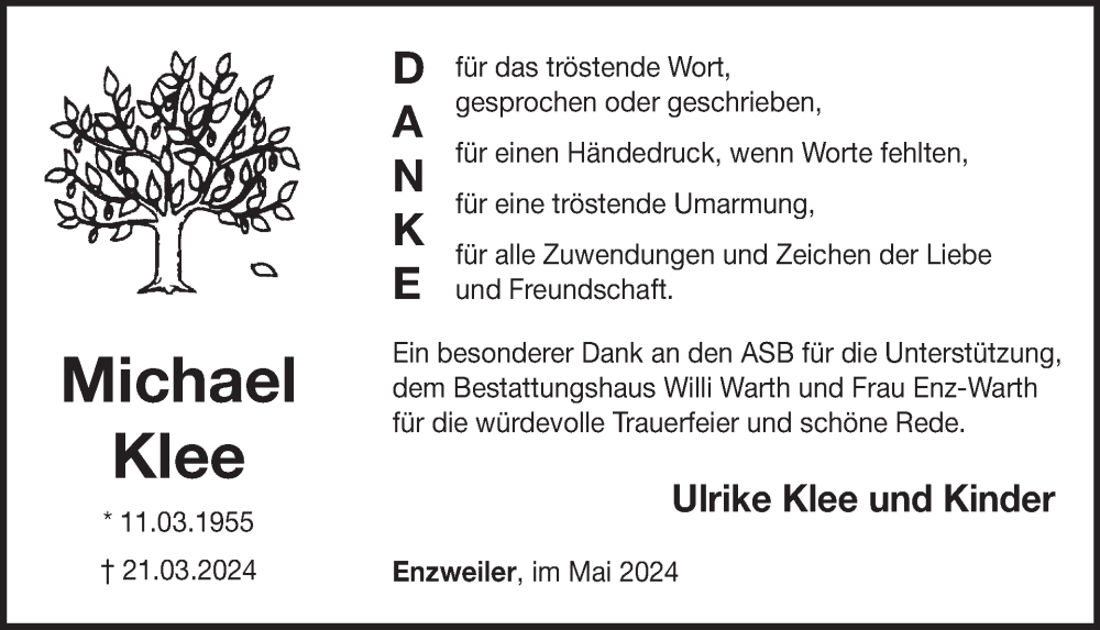  Traueranzeige für Michael Klee vom 01.06.2024 aus WochenSpiegel