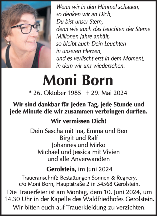 Traueranzeige von Moni Born von WochenSpiegel