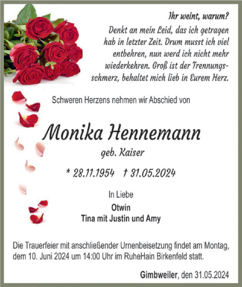  Traueranzeige für Monika Hennemann vom 08.06.2024 aus WochenSpiegel