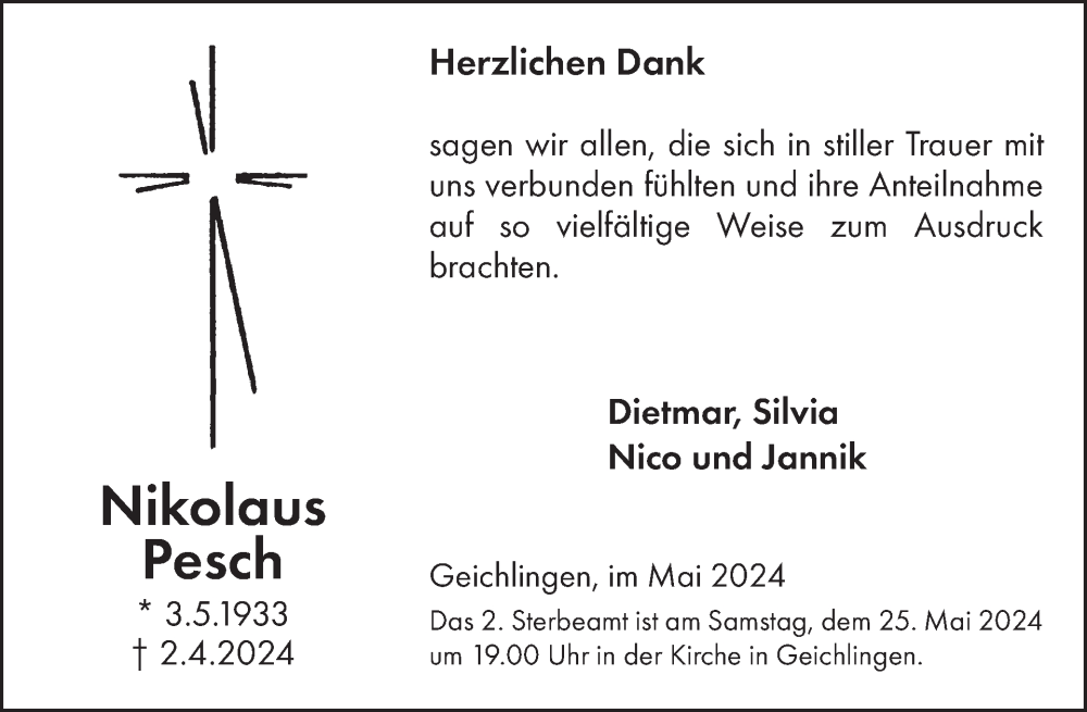  Traueranzeige für Nikolaus Pesch vom 17.05.2024 aus WochenSpiegel