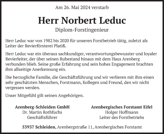 Traueranzeige von Norbert Leduc von WochenSpiegel