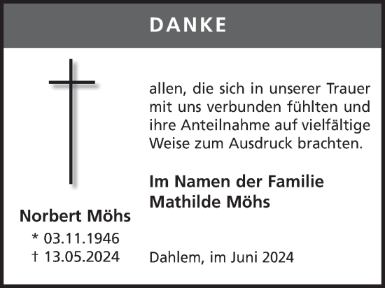 Traueranzeige von Norbert Möhs von WochenSpiegel