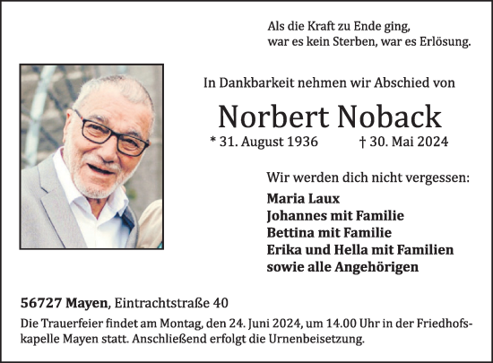 Traueranzeige von Norbert Noback von WochenSpiegel