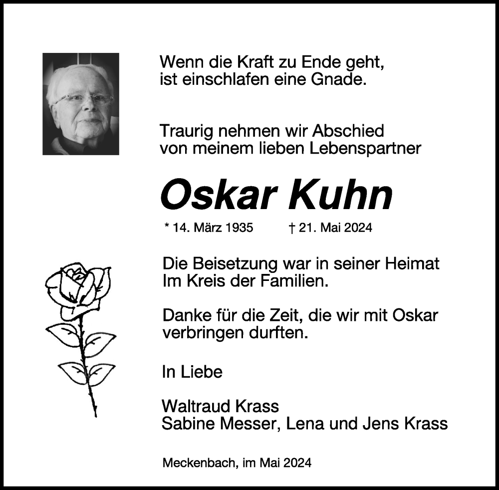  Traueranzeige für Oskar Kuhn vom 08.06.2024 aus WochenSpiegel
