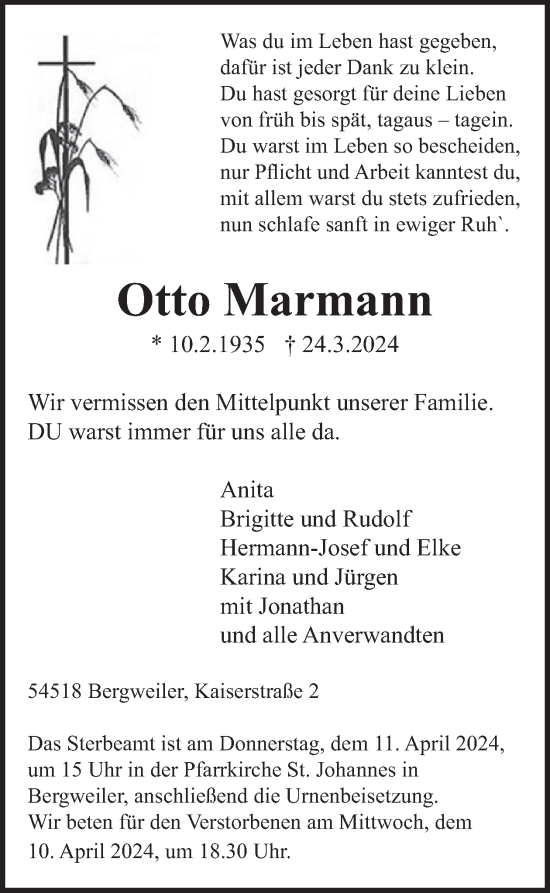 Traueranzeige von Otto Marmann von WochenSpiegel