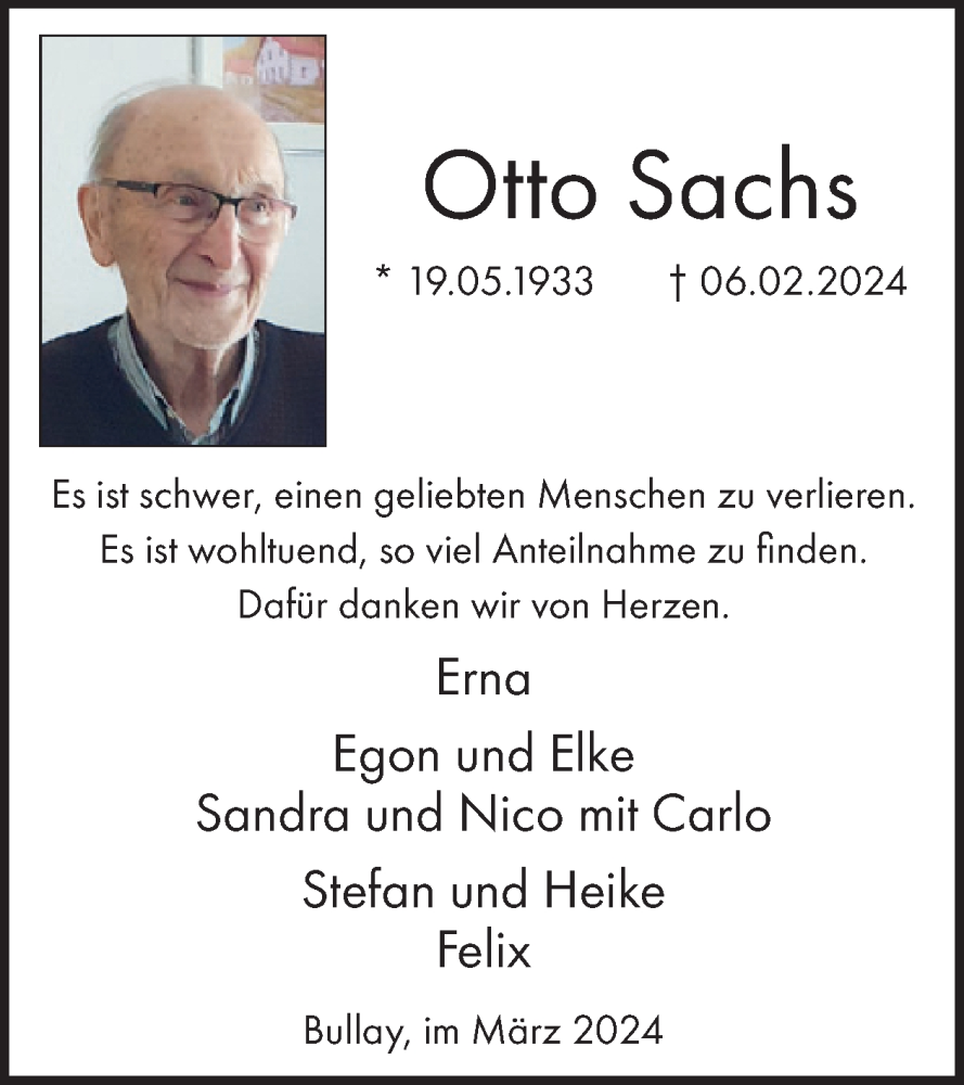  Traueranzeige für Otto Sachs vom 20.03.2024 aus WochenSpiegel