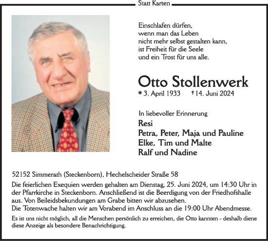 Traueranzeige von Otto Stollenwerk von WochenSpiegel