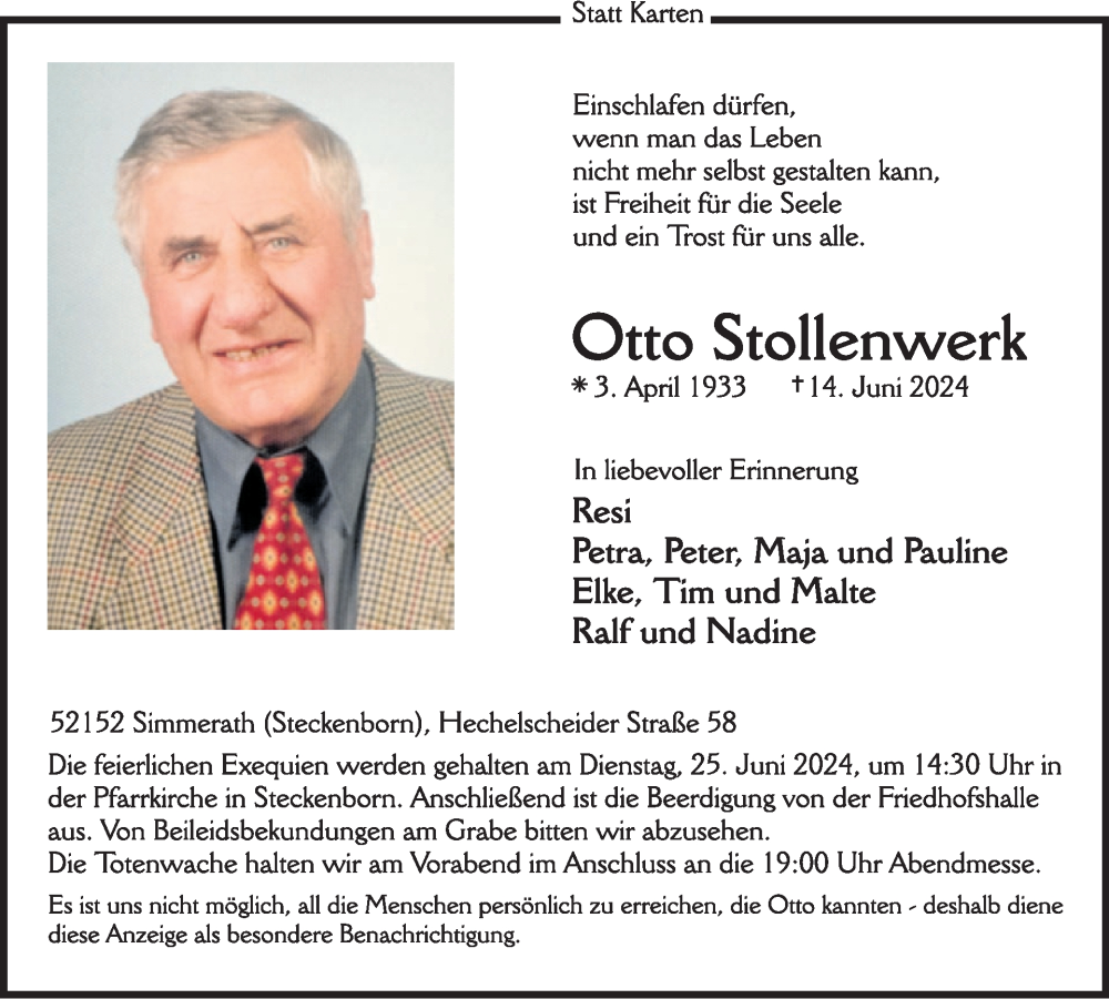  Traueranzeige für Otto Stollenwerk vom 19.06.2024 aus WochenSpiegel