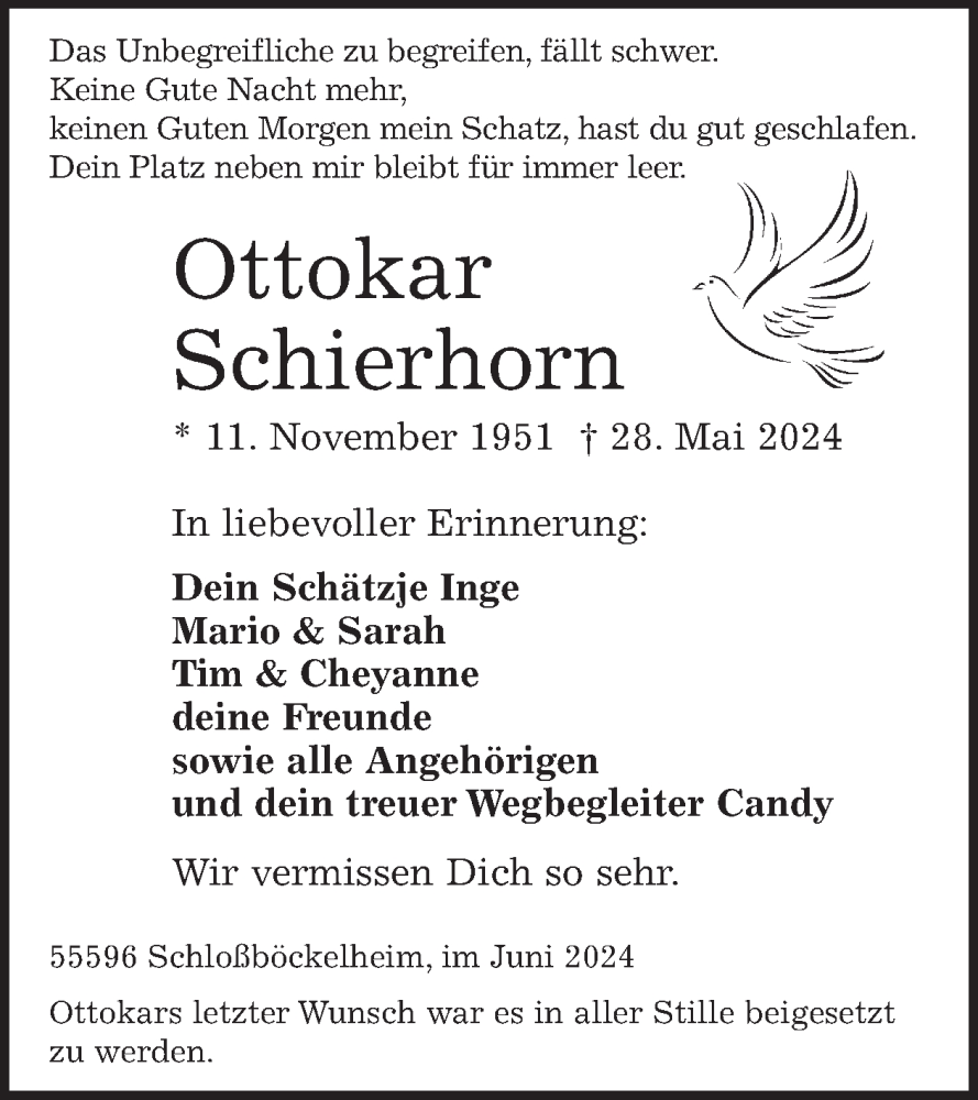  Traueranzeige für Ottokar Schierhorn vom 15.06.2024 aus WochenSpiegel