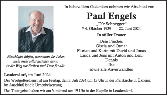 Traueranzeige von Paul Engels von WochenSpiegel