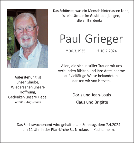Traueranzeige von Paul Grieger von WochenSpiegel