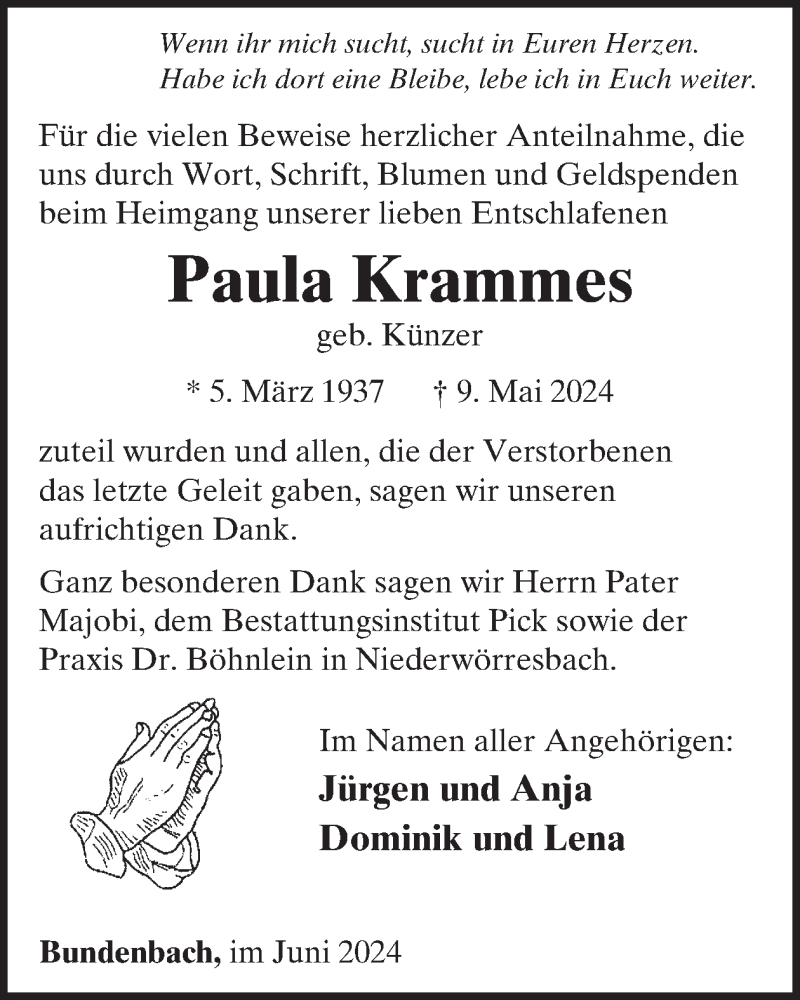  Traueranzeige für Paula Krammes vom 22.06.2024 aus WochenSpiegel