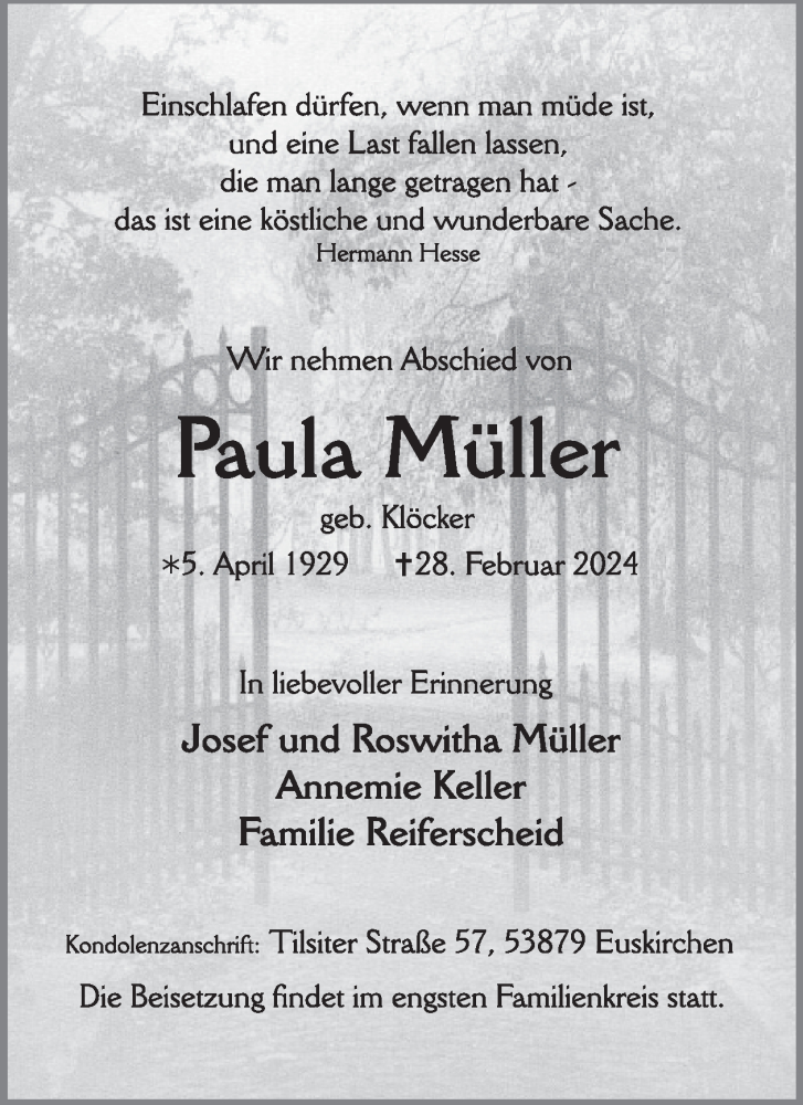  Traueranzeige für Paula Müller vom 06.03.2024 aus WochenSpiegel