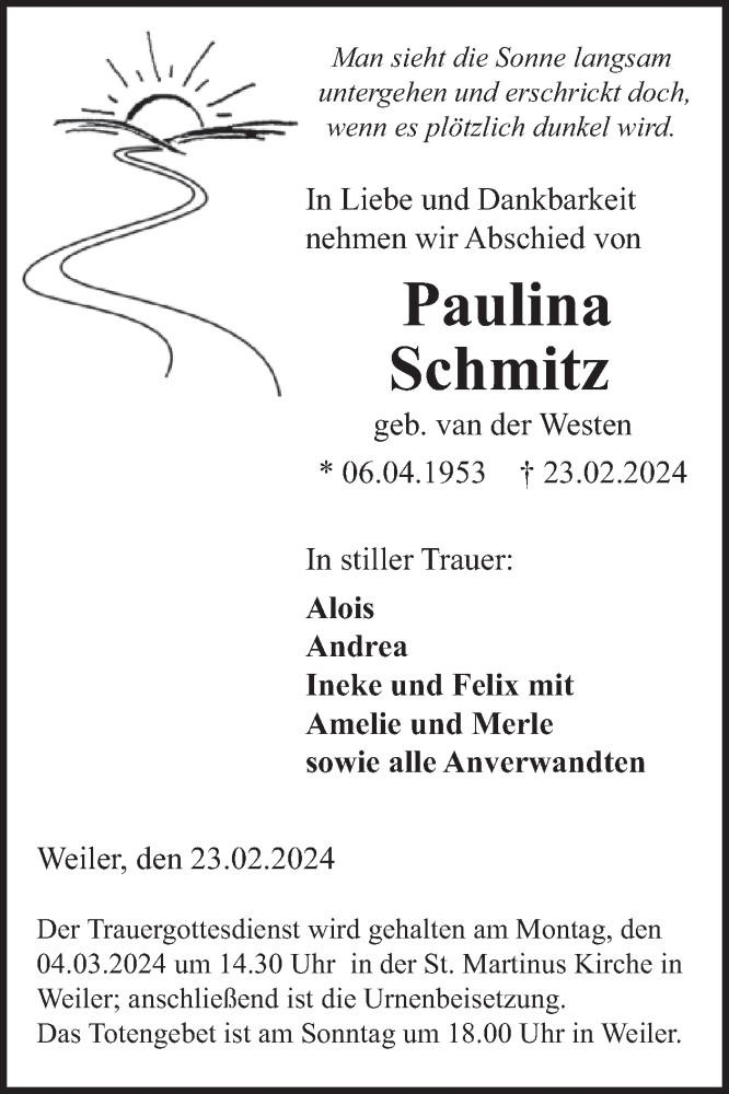  Traueranzeige für Paulina Schmitz vom 28.02.2024 aus WochenSpiegel