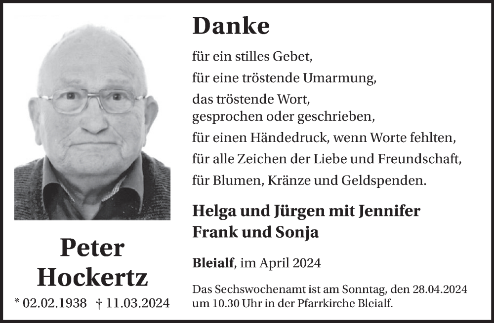  Traueranzeige für Peter Hockertz vom 19.04.2024 aus WochenSpiegel