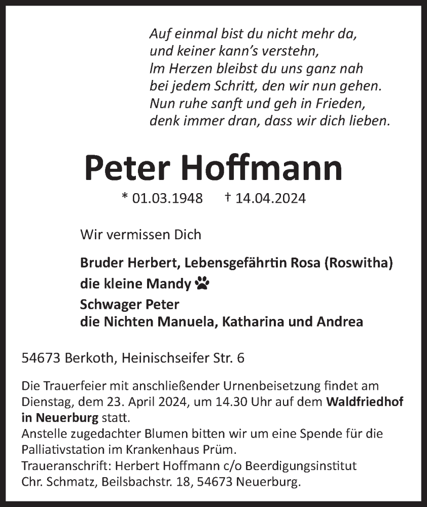  Traueranzeige für Peter Hoffmann vom 19.04.2024 aus WochenSpiegel