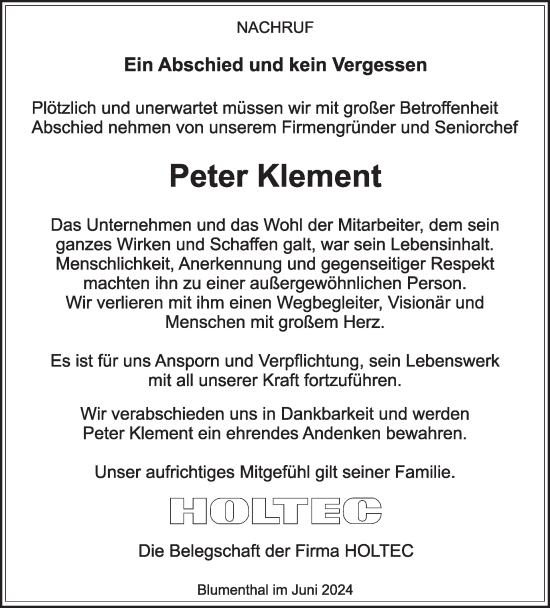 Traueranzeige von Peter Klement von WochenSpiegel