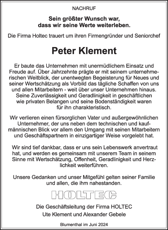 Traueranzeige von Peter Klement von WochenSpiegel