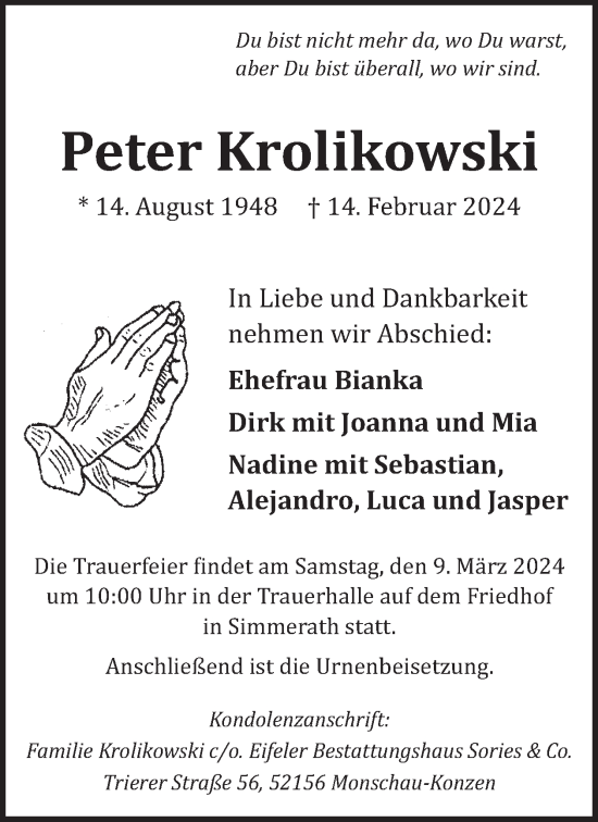 Traueranzeige von Peter Krolikowski von WochenSpiegel