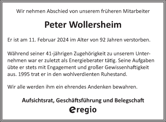 Traueranzeige von Peter Wollersheim von WochenSpiegel